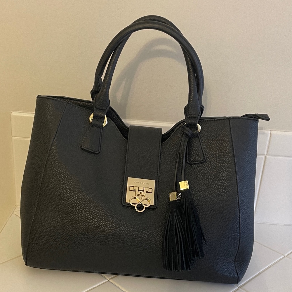 Structured Black Tassel Tote with Gold Hardware